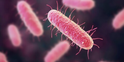 Fototapeta premium Health risks and disease assessment concept. A vibrant, microscopic view of pink bacteria featuring elongated shapes and numerous hair-like structures, showcasing cellular details.