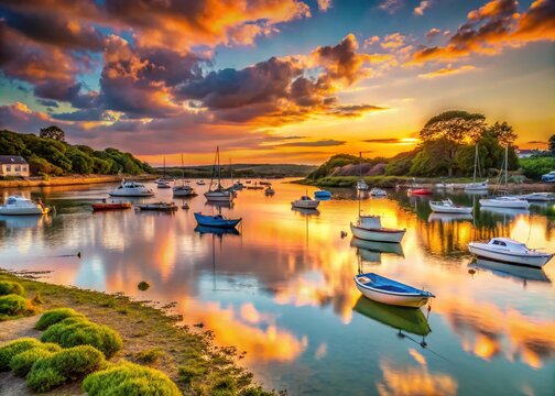 Serene Sunset Over Bembridge Harbour: Captivating Landscape Photography Showcasing Tranquil Waters, Lush Greenery, and the Charm of Coastal Life in Isle of Wight