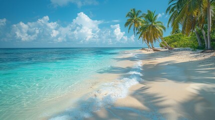 Beautiful tropical beach with palm trees and turquoise sea water on a sunny day, Seychelles. Honey colored sand. Beautiful seascape background for a summer vacation concept or travel advertising