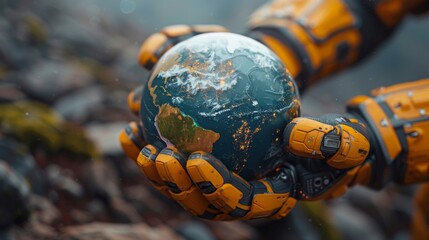 Earth ball in robots hand, AI assisting humans in solving global challenges such as climate change, poverty, and hunger, symbolizing the potential of AI to create a better future.