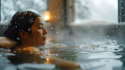 Fototapeta premium Japan. woman relax in onsen. The steam rising from the onsen pools mingles with the snowflakes falling from the sky, creating a mesmerizing spectacle of nature's contrasting elements.