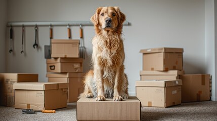 Moving. dog sitting on top of moving boxes in empty room, ready to start move with its owner. scene is set against white background and features the pet surrounded by various cardboard boxes