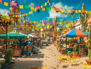 A vibrant market scene with colorful stalls, decorations, and cacti in a festive atmosphere.