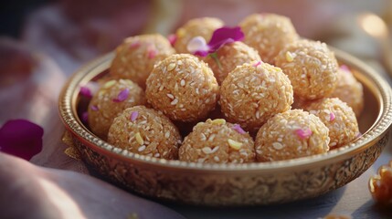 Colorful sweet treats in gold tin bowl, with purple flower garnish on textured tablecloth.