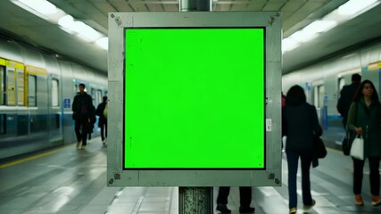 Blank Green Screen Digital Old Texture Signage in Subway Metro Station for Advertisement Replacement