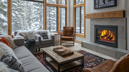 Cozy Living Room with Fireplace and Wintery View