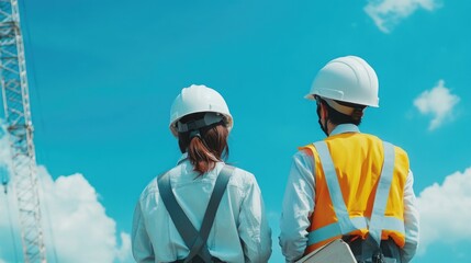 Two people wearing hard hats and safety vests stand next to each other. They are looking at something in the distance