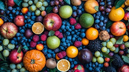 Fototapeta premium A vibrant assortment of fresh fruits including apples, oranges, berries, and grapes, arranged beautifully on a surface.