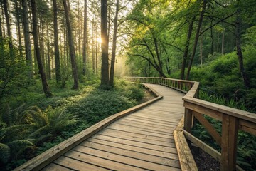 Serene Wooden Bridge Pathway Through Lush Greenery in a Tranquil Nature Setting for Product Photography