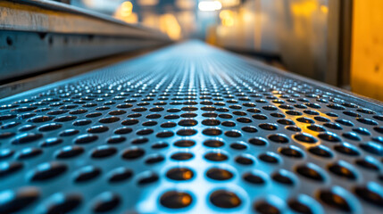 Close-up of perforated metal sheet in factory, showcasing industrial production