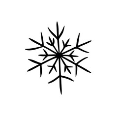 Black Snowflake isolated on white background. Line art, doodle, hand drawn. Xmas, New Year, winter elements of design and icons. Simple vector illustration.