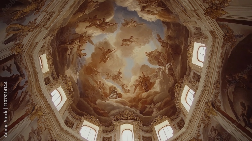 Poster exquisite baroque ceiling frescoes with angels and clouds