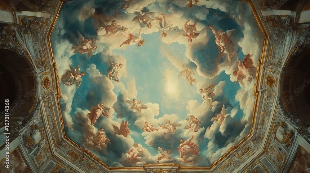 Poster exquisite baroque ceiling frescoes with angels and clouds