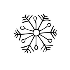 Black Snowflake isolated on white background. Line art, doodle, hand drawn. Xmas, New Year, winter elements of design and icons. Simple vector illustration.