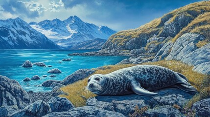 Obraz premium A lone seal basks on a rocky outcropping overlooking a serene alpine lake.