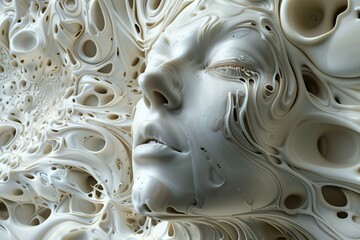 Intricate white abstract face emerging from a background of organic shapes, showcasing surreal and artistic beauty