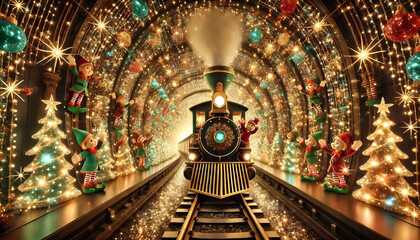 Obraz premium A magical Christmas train passing through a tunnel of twinkling lights, with elves waving from the windows.