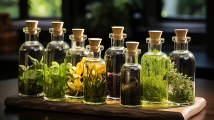 A wooden tray with many glass bottles of different sizes and shapes