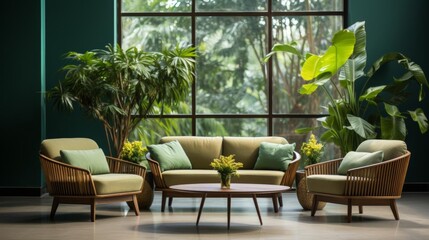 Fototapeta premium A living room with a large window and a green couch