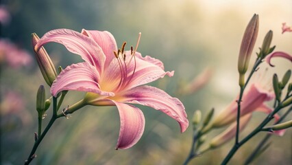 Fototapeta premium Soft Focus Landscape of a Beautiful Pink Lily Flower with Retro Tones and Shallow Depth of Field, Ideal for Nature and Floral Photography Lovers