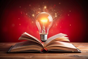 An Open Book with a Light Bulb Symbolizing Knowledge and Creativity on a Vibrant Red Background in Stunning Double Exposure Photography