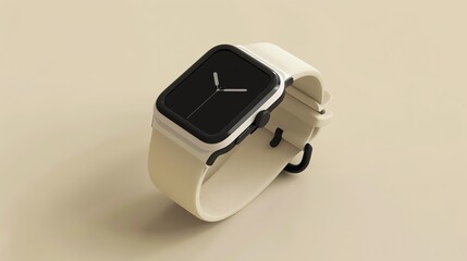A white smartwatch with a black face and white strap.