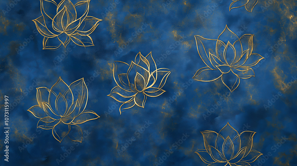 Poster golden lotus patterns on deep blue background