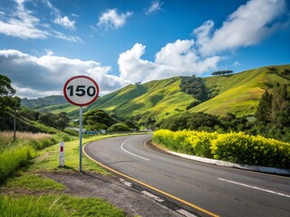 Speed Limit 150 Road Traffic Sign on a Scenic Landscape with Curved Road, Blue Skies, and Lush Greenery for Urban Planning and Traffic Management Projects
