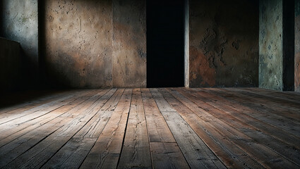 Aged wooden floored room with walls in various states of wear.
