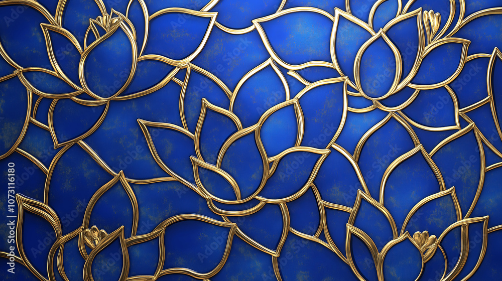 Poster golden lotus patterns on deep blue background