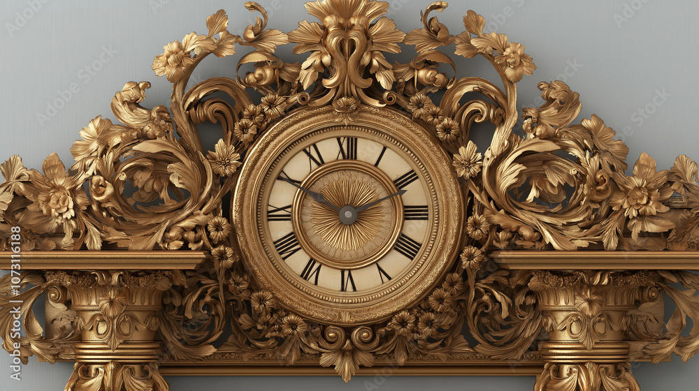 Poster golden ornate clock with intricate filigree work