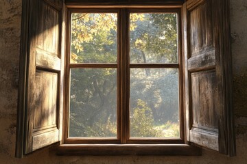 Fototapeta premium Open window with wood frame set into stone wall allowing natural light and outdoor view. Vintage, rustic architectural detail. Sunlit room interior.