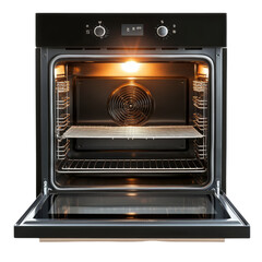 Obraz premium A black oven with a light on it. The oven is empty. PNG Transparent