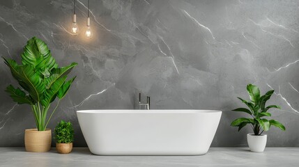 Contemporary Bathroom Design Featuring Minimalist White Bathtub, Green Plants, and Elegant Lighting Over Smooth Gray Marble Wall