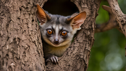 Naklejka premium Bushbaby peeking out from a tree hole, Ai Generated