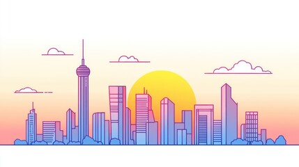 Fototapeta premium A minimalist line art illustration of a modern cityscape with a sunrise in the background.