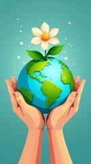 Eco Friendly Hands Nurturing Flower and Globe Illustrating Climate Change Awareness and Nature Preservation