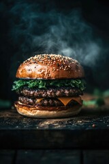 Bun, cheese, bacon, lettuce, tomato served on black plate; smoke rising over bun indicates barbecue style