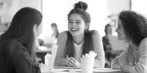 Three women enjoying a conversation over coffee, smiling and laughing, suggesting a positive social interaction in an office setting.