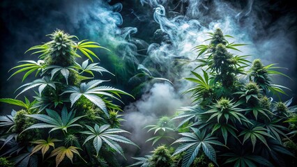Captivating Landscape of Cannabis Plants Surrounded by Ethereal Smoke on a Dark Background with Space for Text Overlay