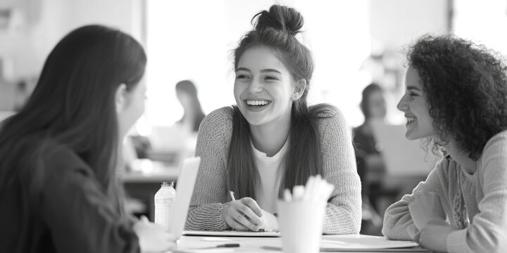 Three women enjoying a conversation over coffee, smiling and laughing, suggesting a positive social interaction in an office setting.
