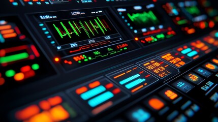Naklejka premium A futuristic control panel filled with colorful displays and buttons, showcasing data visualizations and interactive elements.