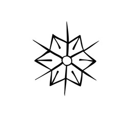 Black Snowflake isolated on white background. Line art, doodle, hand drawn. Xmas, New Year, winter elements of design and icons. Simple vector illustration.