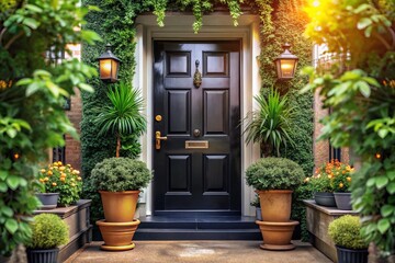 Fototapeta premium Charming Front Door with Black Entrance Surrounded by Lush Potted Plants, Showcasing Bokeh Effect for a Welcoming Home Atmosphere