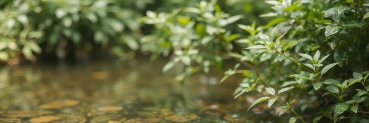 Blurry background of water and lush green plants, creating a tranquil and serene natural setting, outdoor