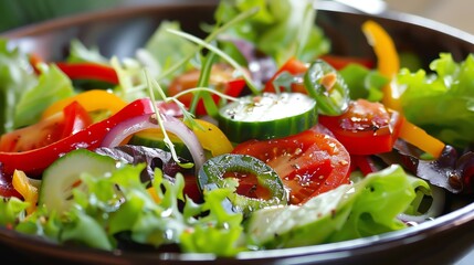 A bowl of fresh salad with vegetables like cucumbers, tomatoes, and peppers.
