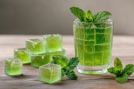 A beverage served with frozen mint garnish and ice cubes, offering a refreshing and healthy summer drink experience.