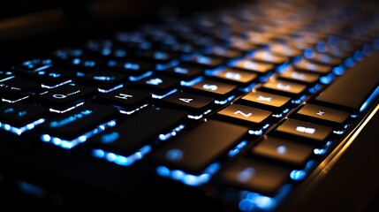 A backlit keyboard with blue lighting.