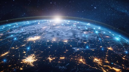 Fototapeta premium A digital connection between global networks symbolized by a globe with circuit lines and satellite technology highlighted.