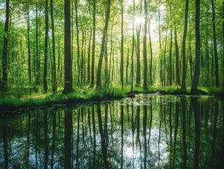 Scenic shot of clear water reflecting tall trees and sunlight streaming through canopy